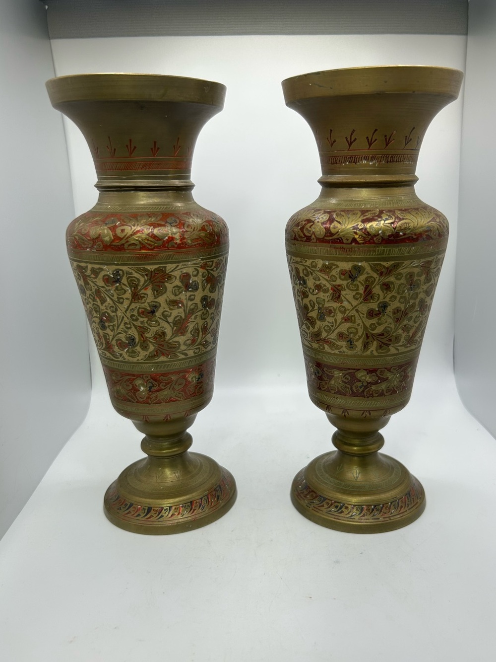 Vintage Solid Brass Hand Etched And Painted Bud Vases Pair 6.5" Made in India